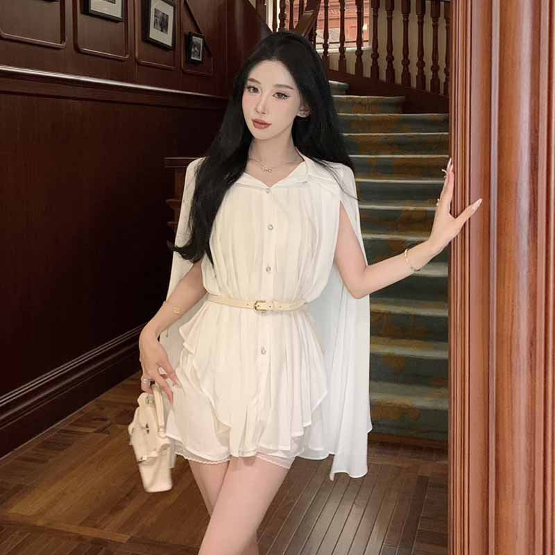 Dam Skjorta Veckad Midja Chiffong-1