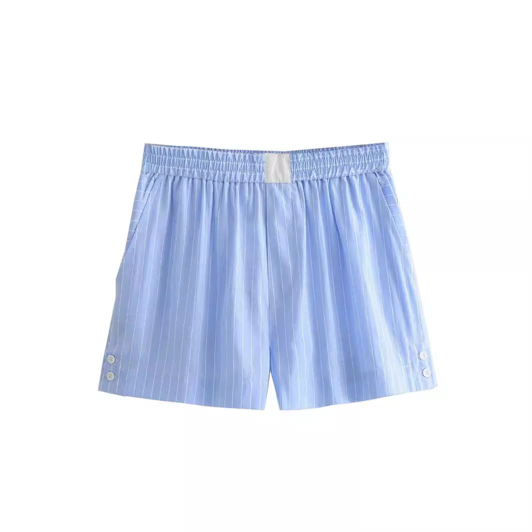 Tvådelat Set Dam Kortärmad Skjorta och Shorts Vävt Tyg Randig Design-5