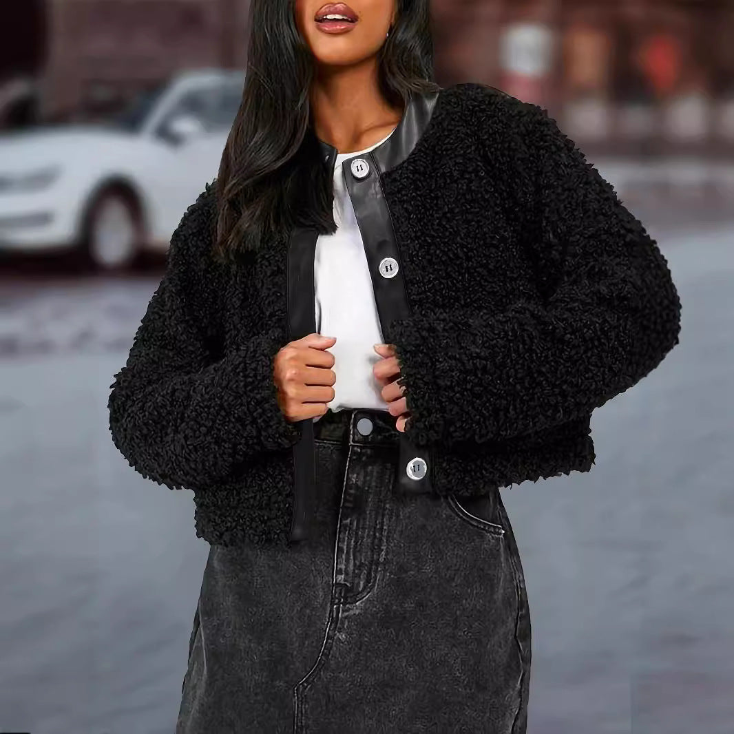 Kvinnors Jacka Elegant Lädertrim Mjuk Tyg Bekväm Passform 2