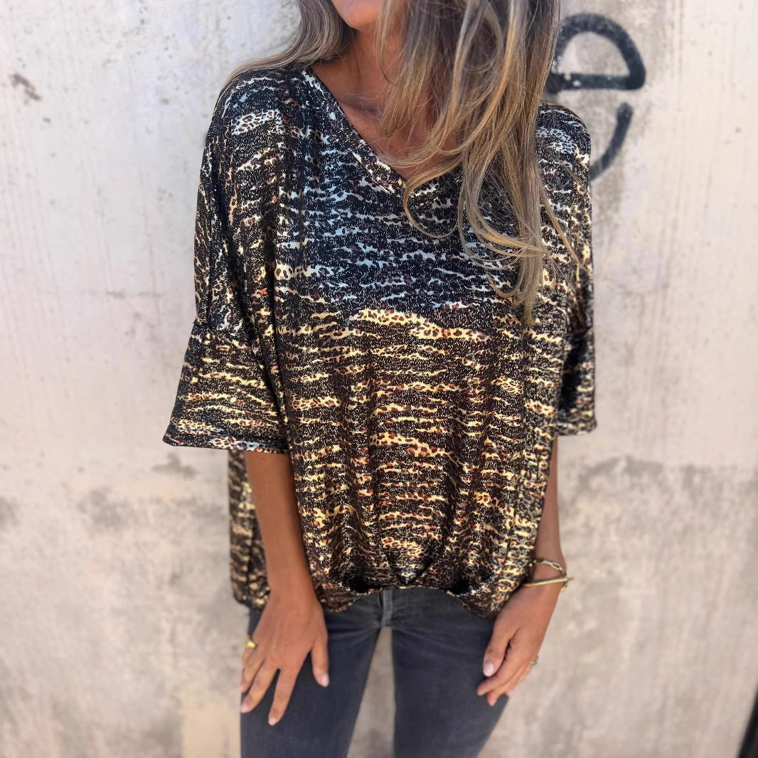 Kvinnors Leopardmönstrad Topp Löst Klippt Polyester-4