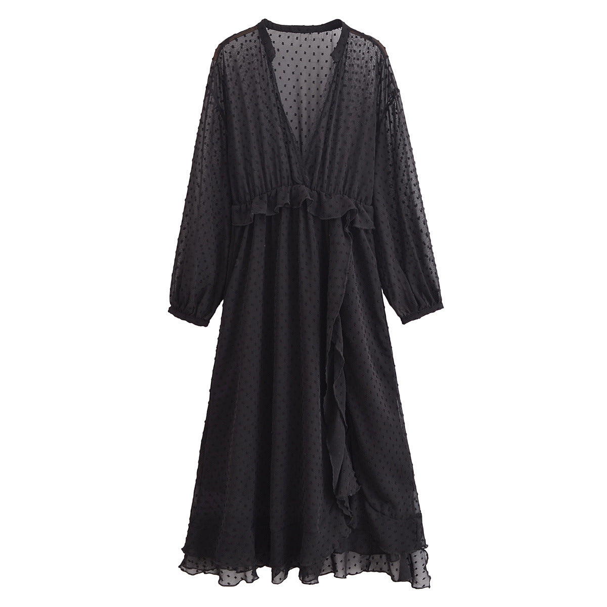 Dam Klänning Djup V-ringning Polka Prickar Split Kjol Polyester-1