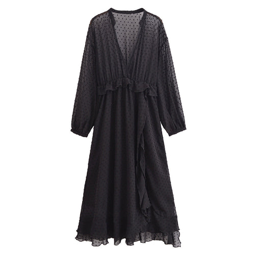 Dam Klänning Djup V-ringning Polka Prickar Split Kjol Polyester-1