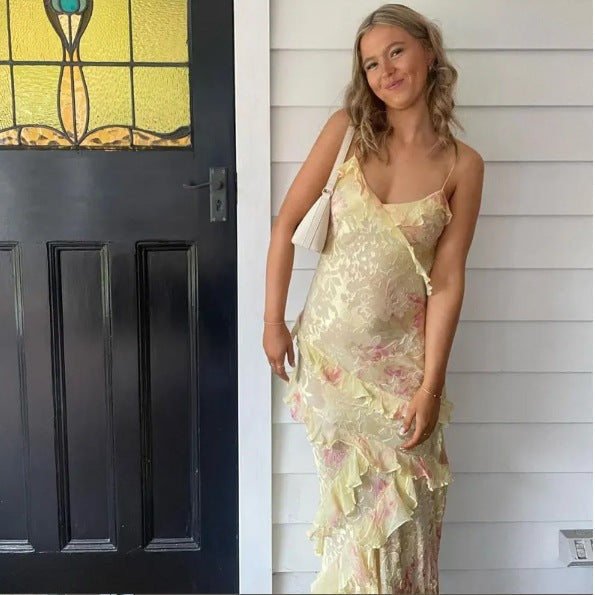 Maxi Klänning Dam med Rüsch Detaljer i Lätt Tyg – Figur-Hugging och Flytande Design för Bröllop och Sommarfester 6