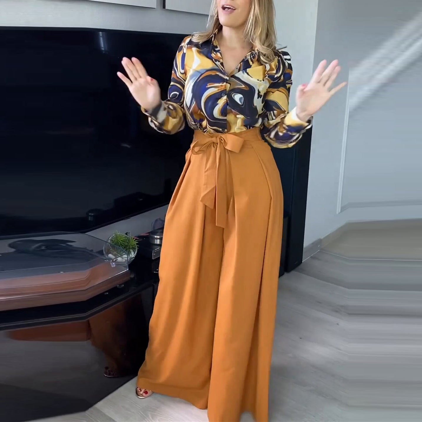 Kläder Dam Set med Lång Skjorta och Hög Midja Byxor i Polyester för Sommar-4