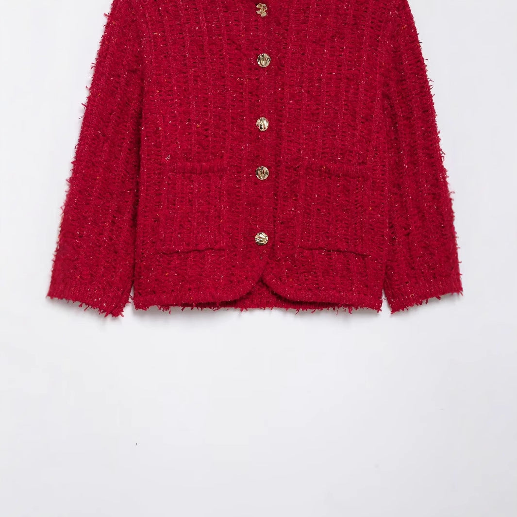 Kvinnors Cardigan Strukturerad Stickad med Gyllene Knappar-4