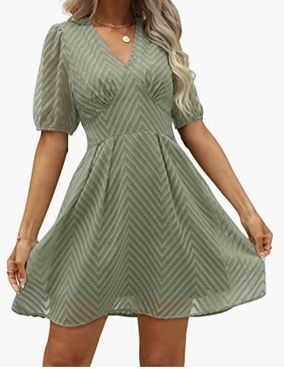 Dam A-linjig Klänning V-hals Korta Ärmar Mjukt Tyg 9