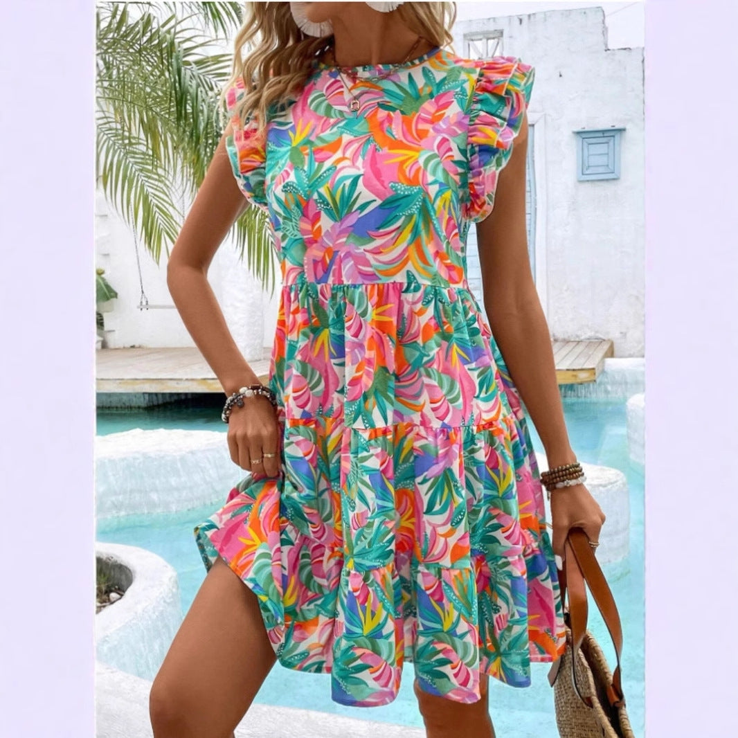 Kvinna Midi Klänning Blommönster Polyester-2