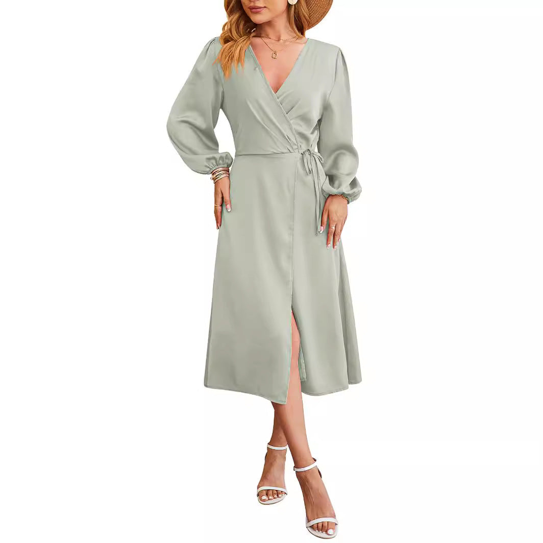 Kvinna Midi Klänning V-Neck Satin A-Linjeform Puffärmar-4