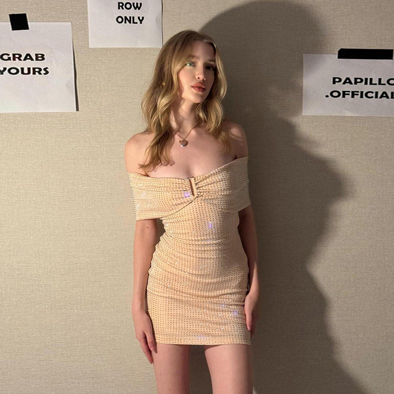 Kvinnors Glittrig Klänning Off-Shoulder Elastiskt Tyg Miniklänning 5