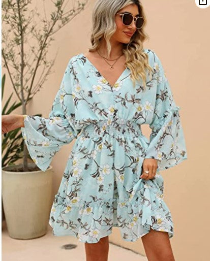 Elegant Blommaklänning för Dam i Lätt Material med Breda Ärmars Design - Perfekt för Sommar och Festliga Tillfällen 6