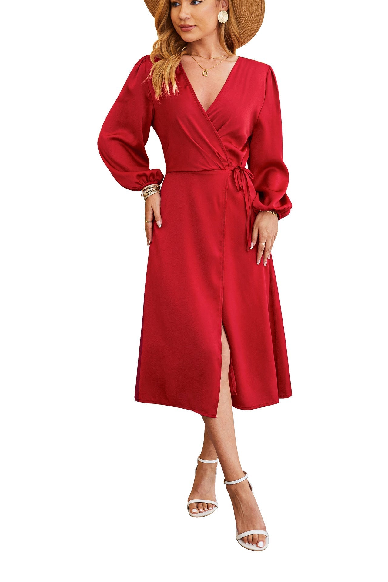 Variant image for Kvinna Midi Klänning V-Neck Satin A-Linjeform Puffärmar-16