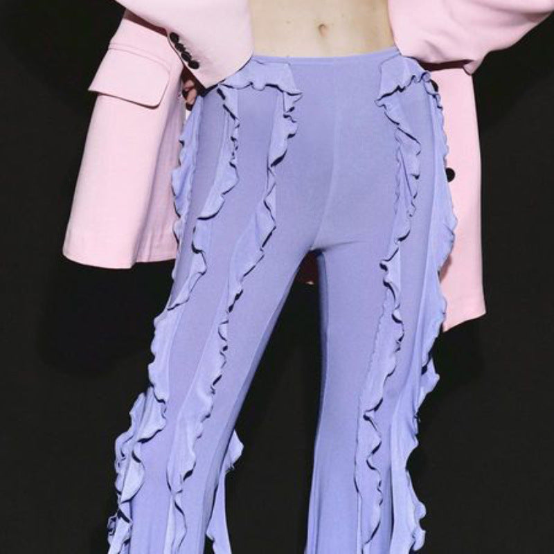 Kvinnors Byxor med Ruffles och Blossad Design i Elastiskt Tyg – Trendiga och Mångsidiga för Alla Tillfällen 2