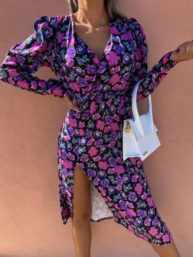 Kvinna Midi Klänning V-hals Asymmetrisk Polyester-1