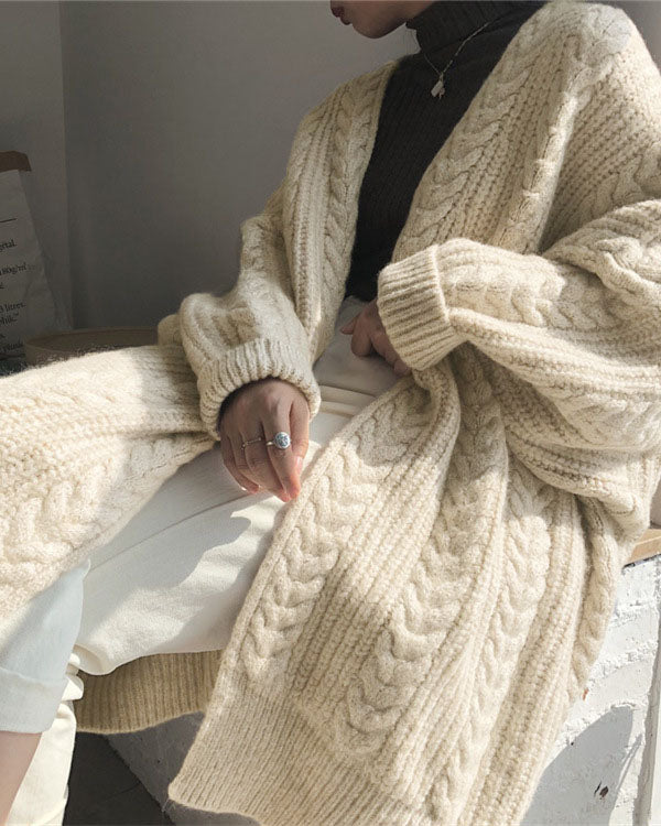 Lång Kofta Dam Tjock Stickad Polyester Retro Design-2