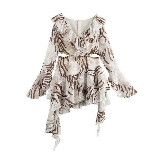 Kvinna Midi Klänning Leopardmönster Långärmad Polyester-1