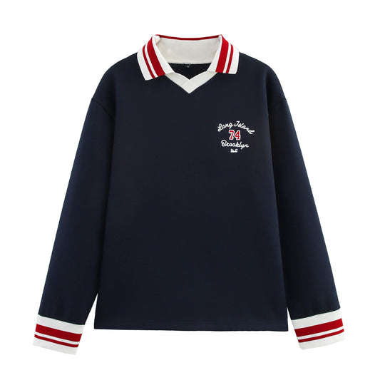 Kvinnors LĂ„ngĂ€rmad Skjorta med V-ringning och Kontrastkrage â Andningsbar Bomullsmix, BekvĂ€m Passform 1