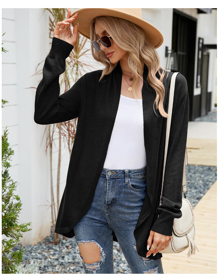 Lång Kofta Dam Enfärgad Polyester Cardigan med Långa Ärmar-5