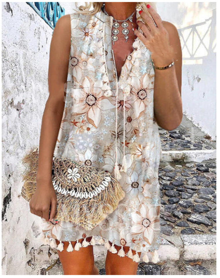 Kvinnors Midi Klänning Ärmlös V-hals Tryckt Polyester 6