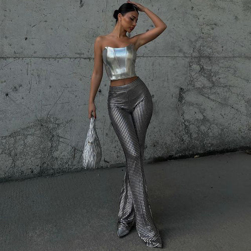 Dam Glitterbyxor Hög Midja Glittrande Elastiskt Tyg 1