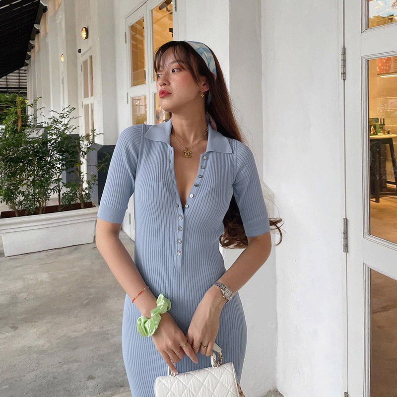 Kvinnors Klänning Rak Skärning Polyester Med Knappfront och Elastisk Midja-5