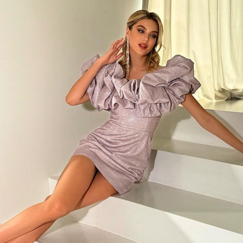 Kvinnors Glittrig Miniklänning Off-Shoulder med Ruffles Elastiskt Tyg 4
