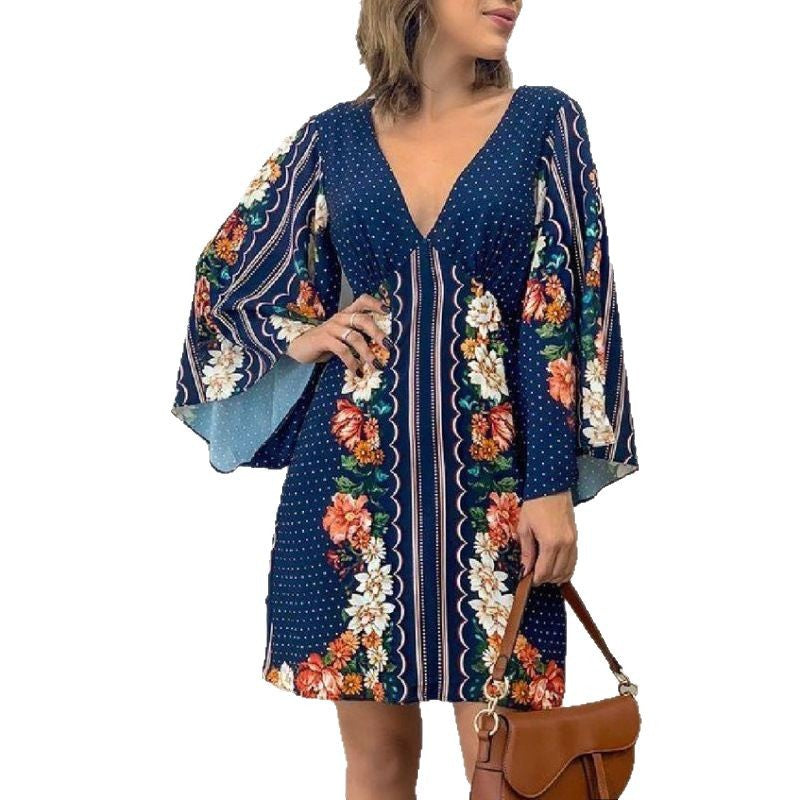 Kvinnors Miniklänning Djup V-ringning Blommönstrad Polyester-6