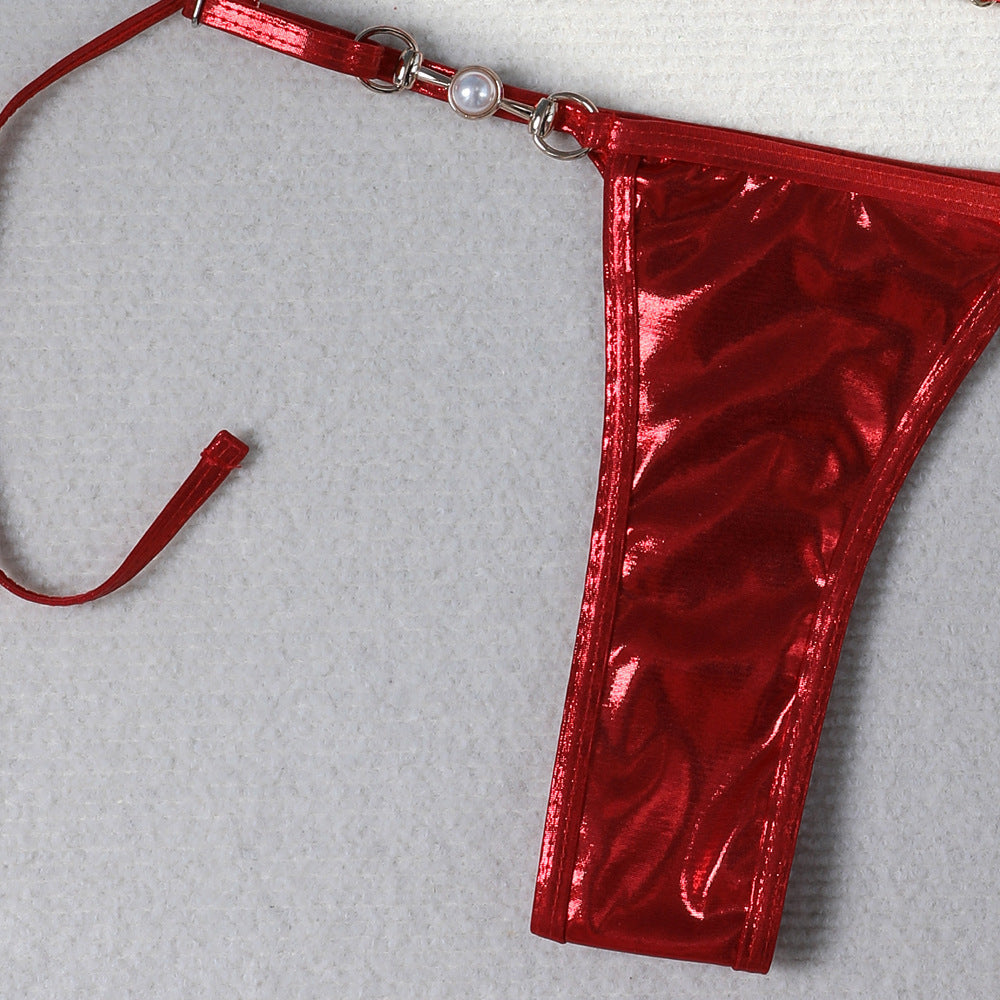 Dam Bikini Skimrande Design med Pärldetaljer i Elastiskt Material-5