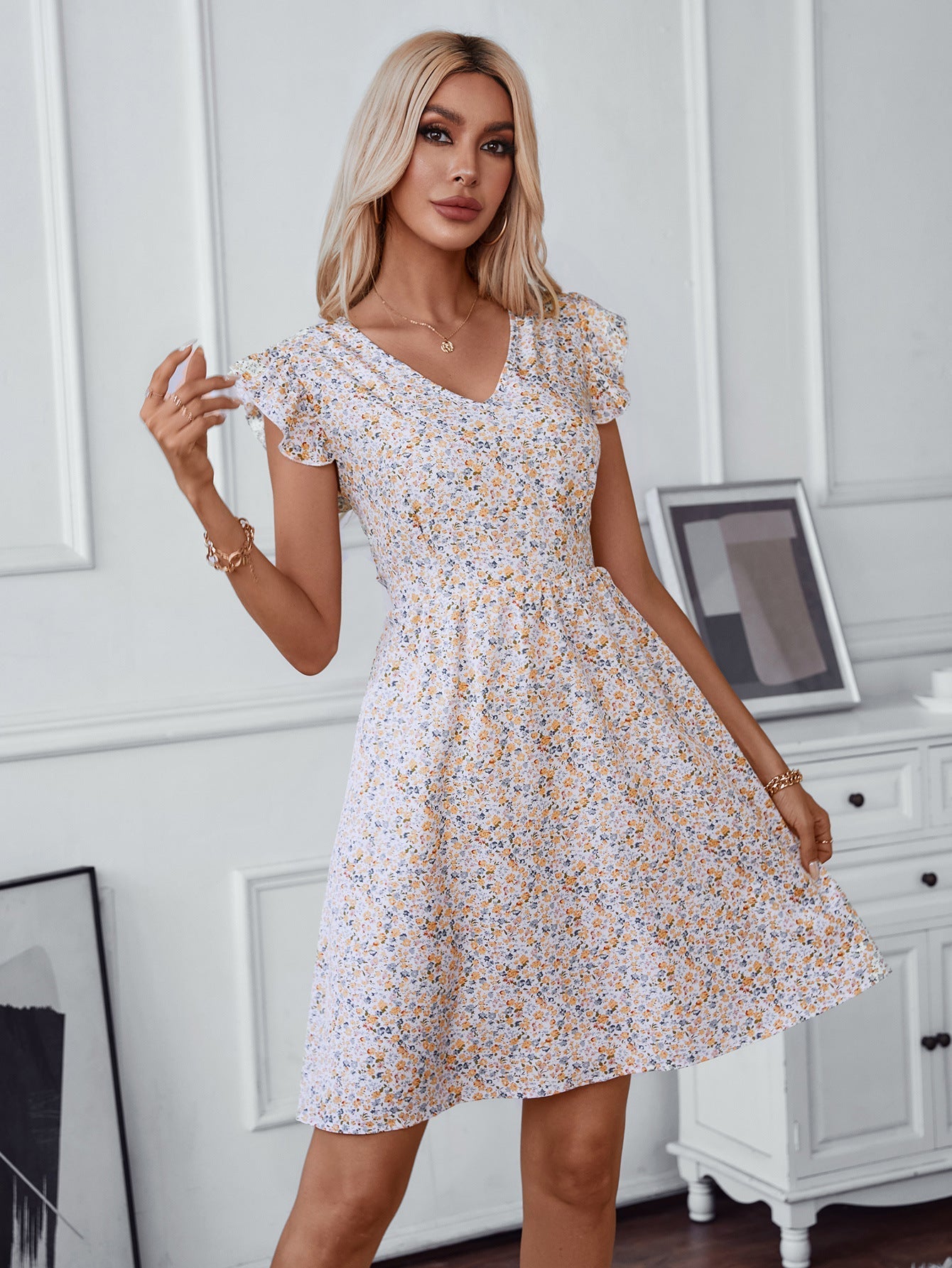 Variant image for Damklänning A-linjeformad V-ringning Blommönster Polyester Midi-längd-1