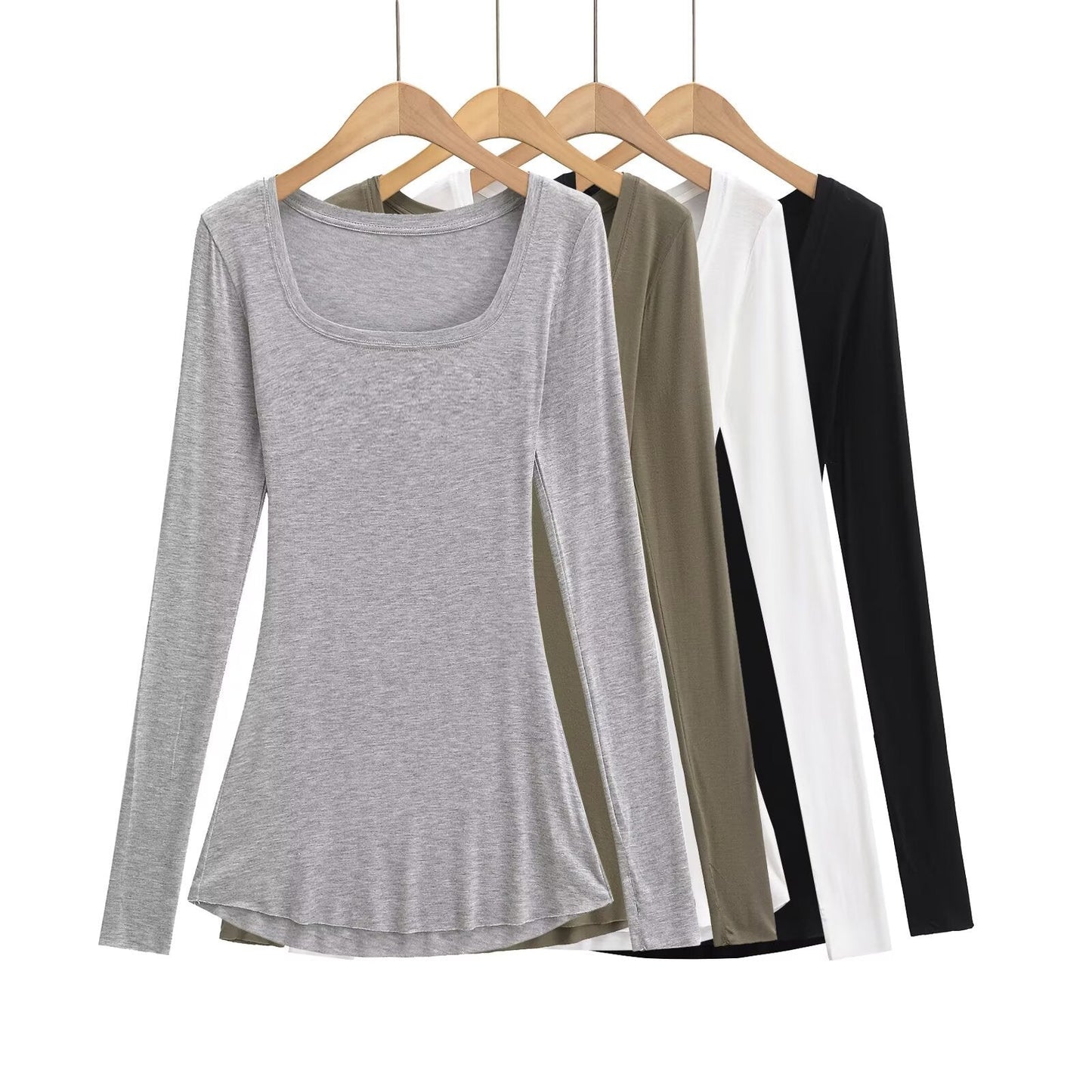 Kvinnors Långärmad Topp U-Hals Bomullsmix 2