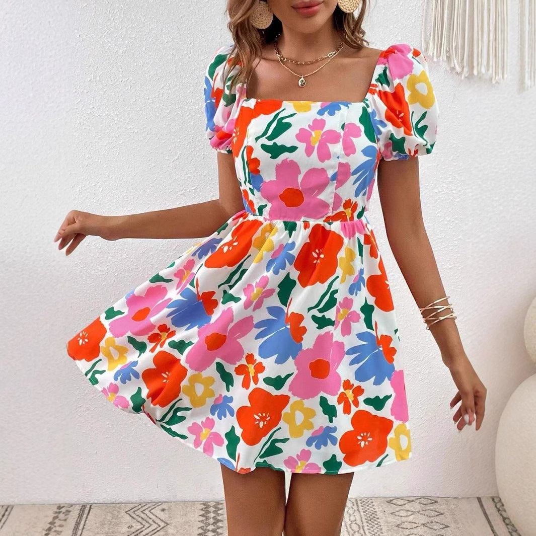 Damklänning A-linje V-ringad Blommig Polyester-6