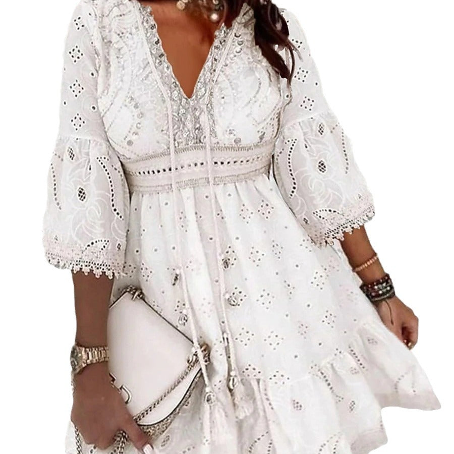 Damklänning A-Linjeformad Broderad med Blommönster i Bomull och Polyester-5