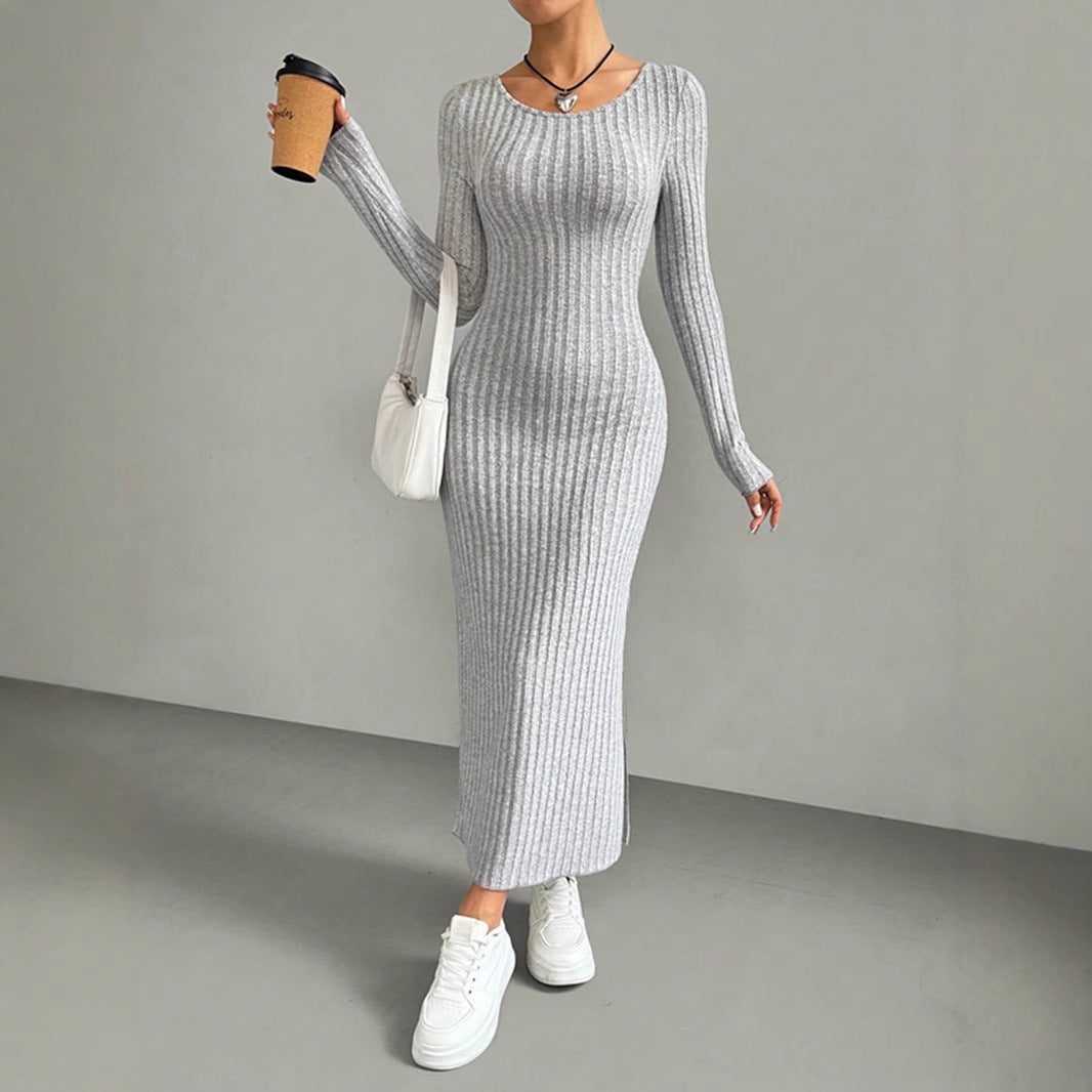 Kvinnors Lång Bodycon Klänning Ribbad Polyester Elastan-6