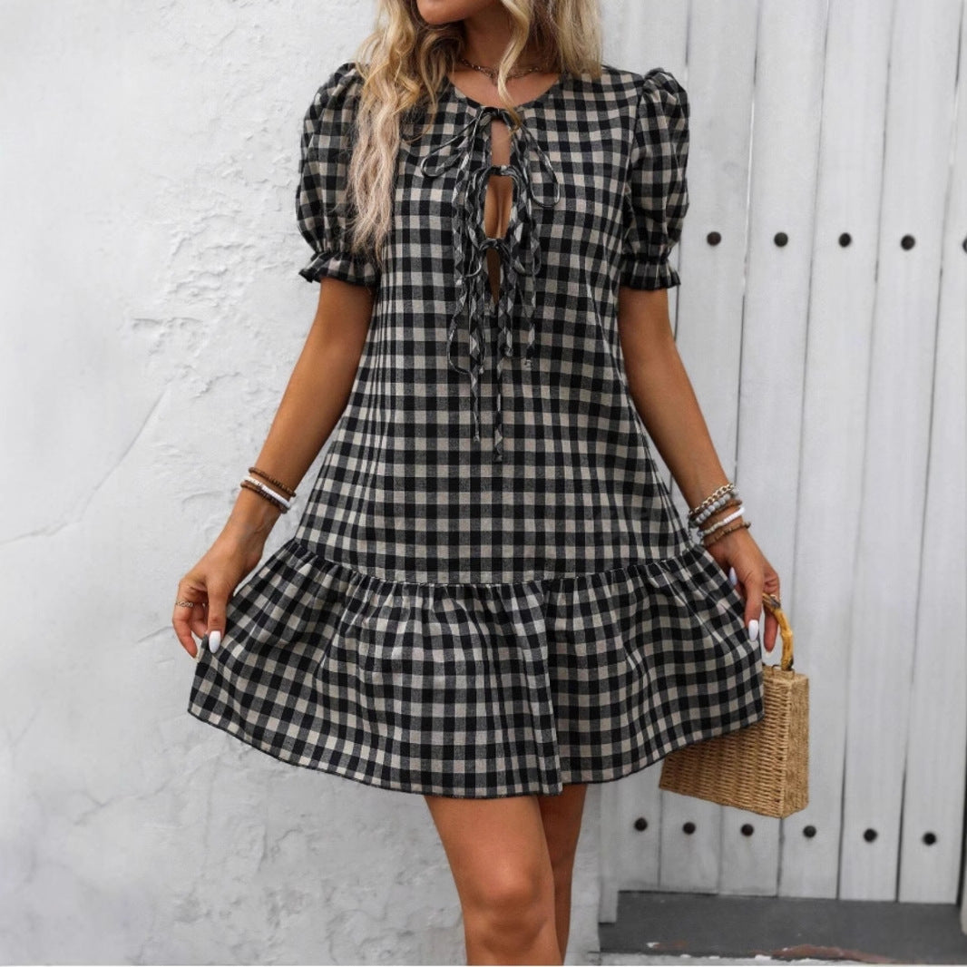 Dam A-Linje Klänning med Snörning i Bomull och Polyester-3