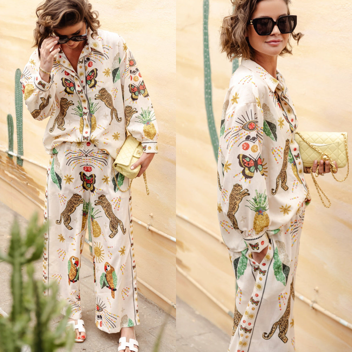 Dam Tryckt Skjorta och Byxor Set Avslappnad Polyester Sommarkläder-2