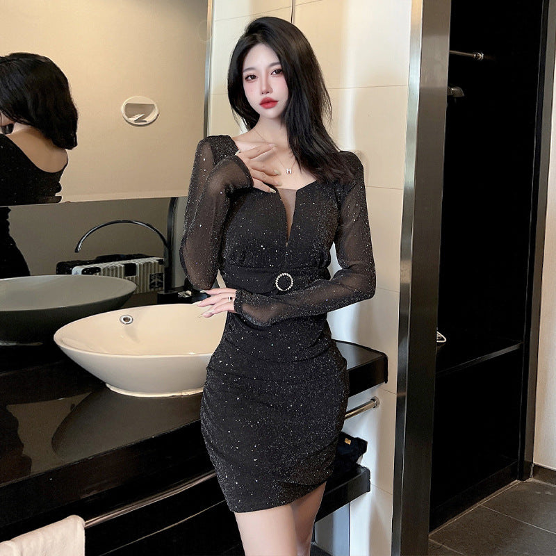 Variant image for Dam Klänning Bodycon Mesh Slim Fit med Långa Ärmar-1