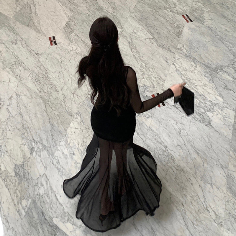 Maxi Klänning Dam Transparent Tyll Med Långa Ärmar-4