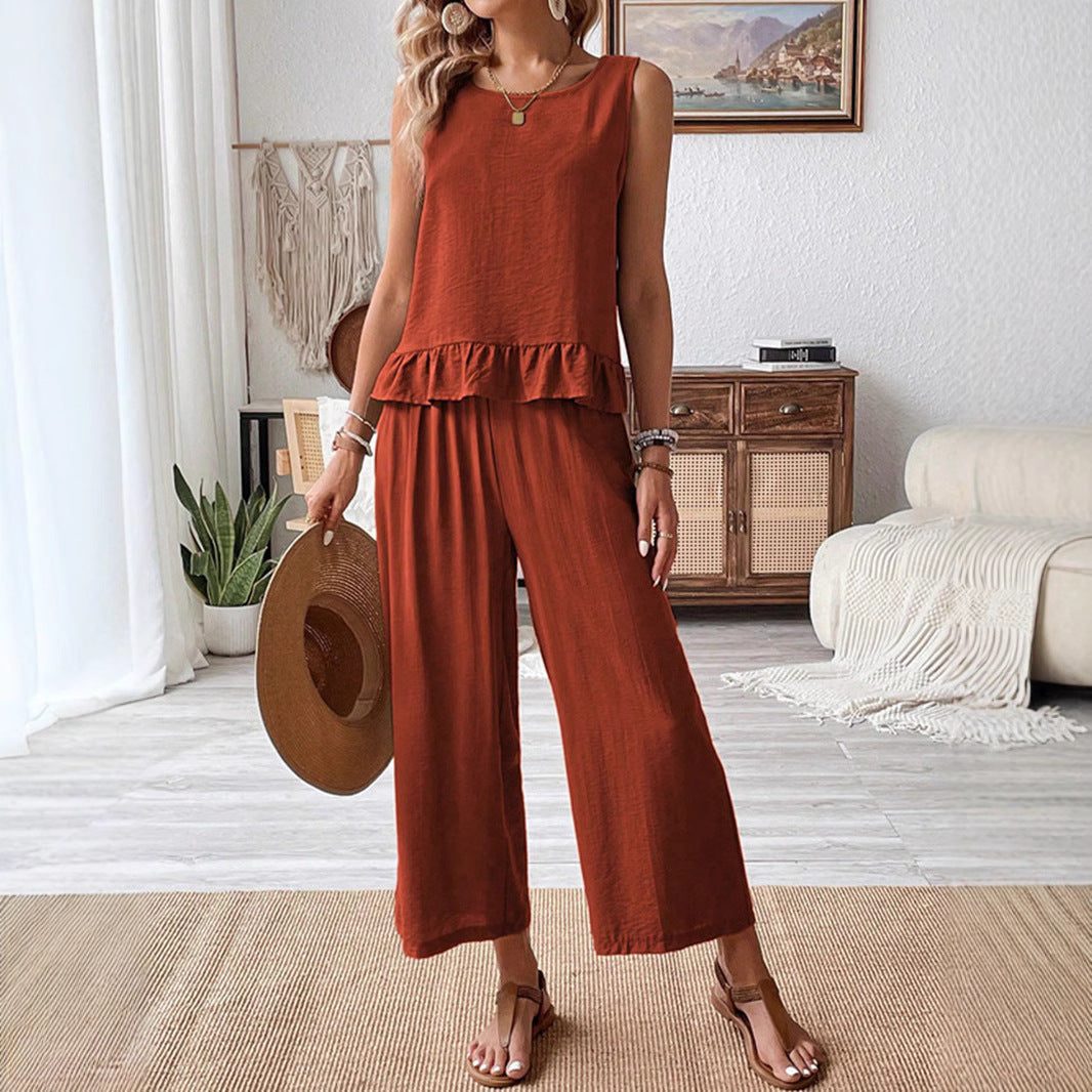 Vit Dam Kostym Ärmlös Topp och Byxor i Tvättad Bomull-3