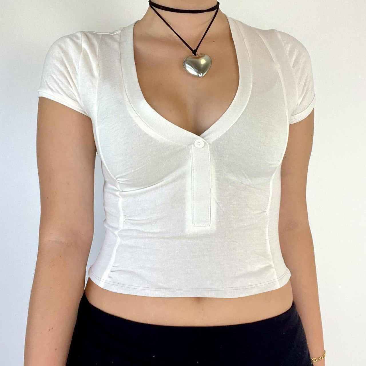 Kvinnors Kortärmad Topp V-ringning Elastisk Bomull-3