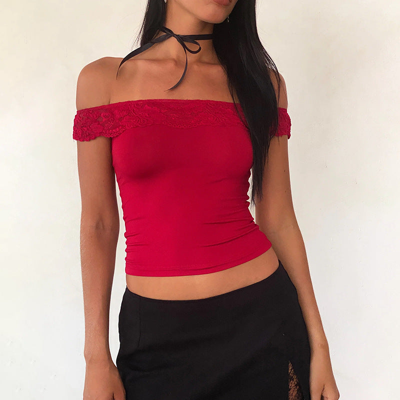 Kvinnors Off-Shoulder Festtopp med Delikat Spetsdetalj Polyester 4