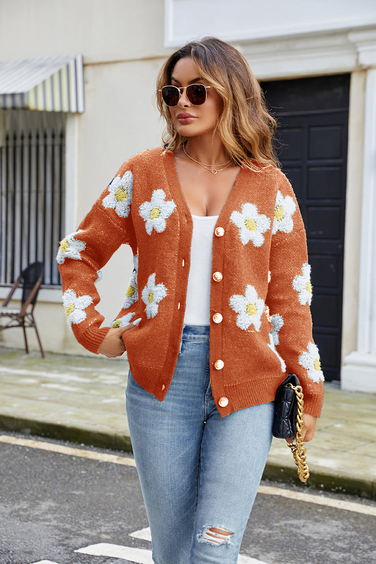 V-Hals Cardigan för Dam med 3D-Blommor, Normal Passform i Polyester – Lång Ärmar, Flera Färger 5