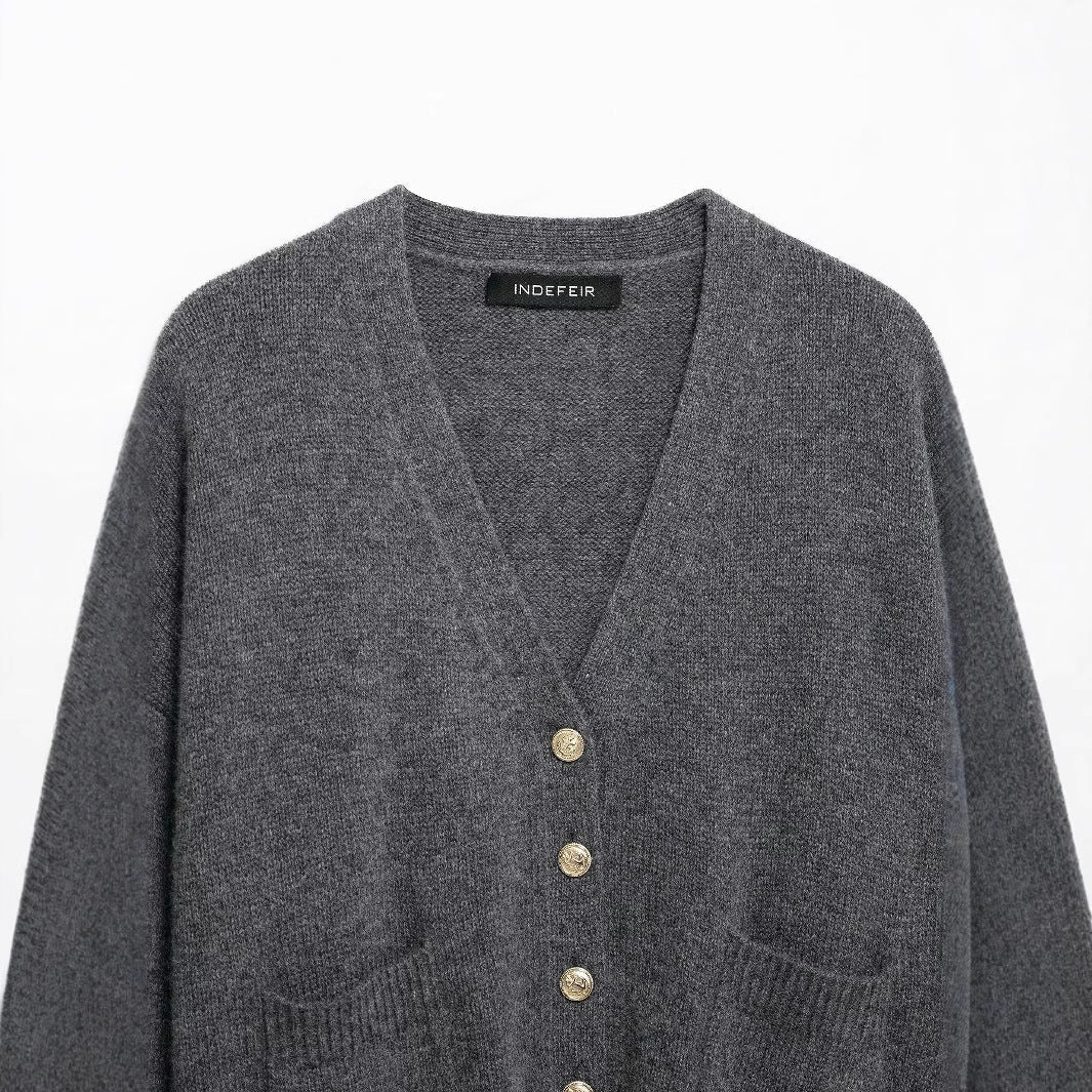 Dam Strickjacka Monokrom V-ringad 100% Akryl-4