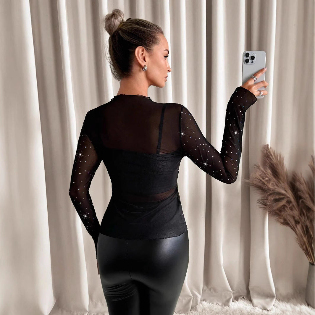 Långärmad T-shirt Dam Transparent Mesh med Strass Slim Fit-3