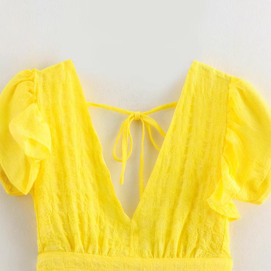 Kvinna A-Line Klänning V-ringning Polyester Kort Med Bindande Bälte-2