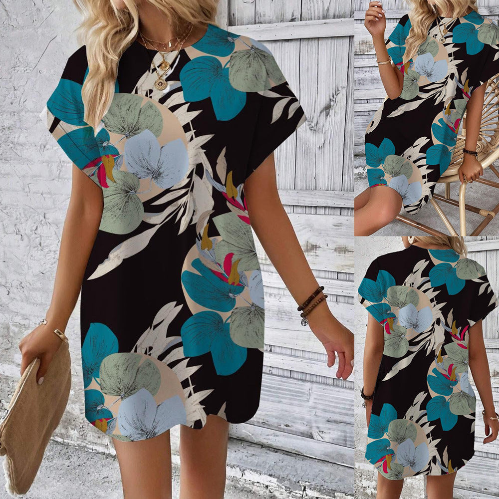 Dam Stickad Klänning Blommönster med Fickor Polyester Spandex-2