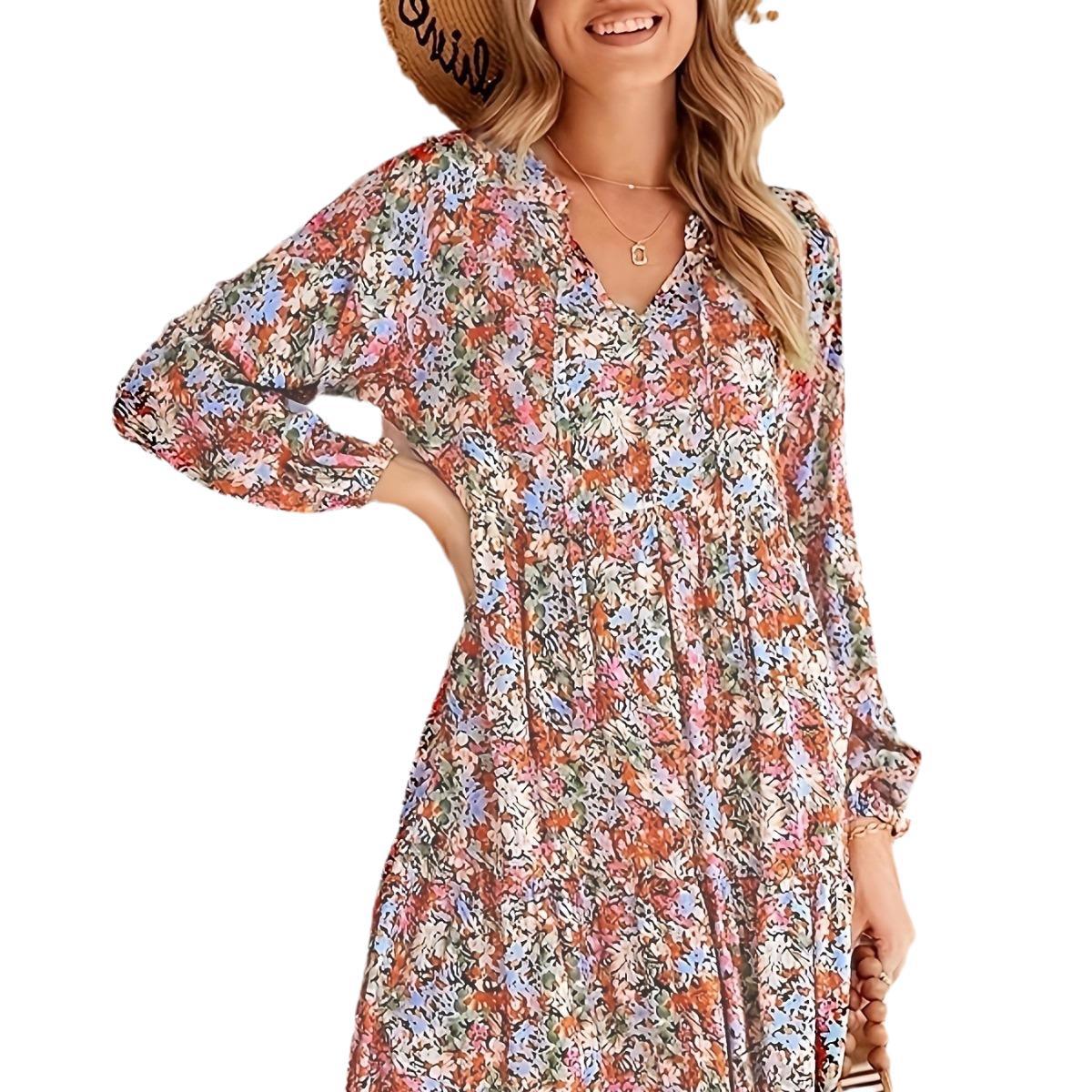 Dam Klänning Blommig Midi V-Hals Långärmad Polyester-6