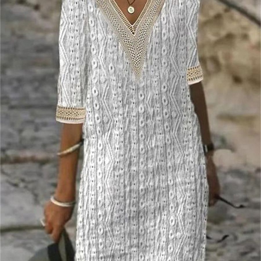 Damklänning A-linjeformad V-hals Jacquard med Halv Ärmar-2