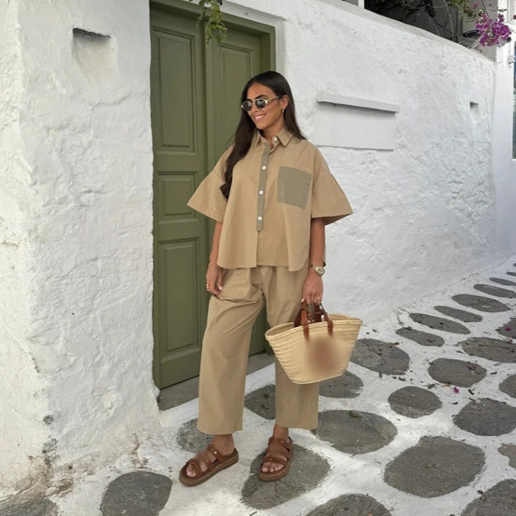 Tvådelat Set Dam Avslappnad Skjorta och Breda Byxor i Andningsbar Bomullsblandning 3