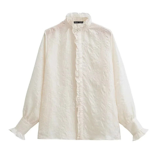 Dam Blus med Ruffles Höghalsad Krage Lätt Material-1