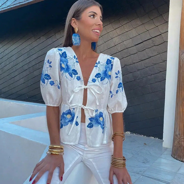 Dam Blus V-Hals Blommig Broderi Lätt Tyg 10