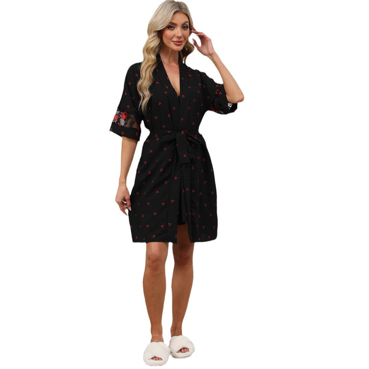 Dam Fritidspyjamas Set utan Krage och Ärmlös Design Mjuk Tyg med Körsbärsmönster-5